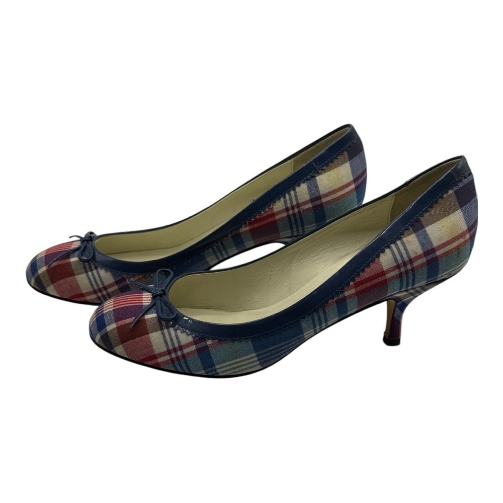 Bettye Muller Plaid Heels with Blue Bow Trim Retro 38.5 (US 8) - Picture 8 of 12